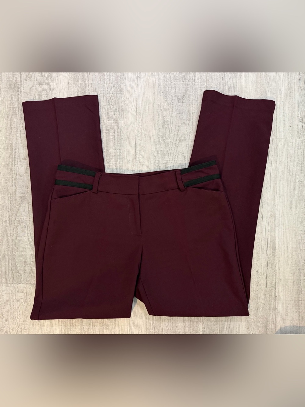 EUC NY&Co. Burgundy w/Black contrasting trim along waist Dress Pants. Size 10 - Picture 3 of 5